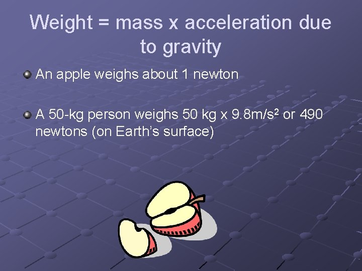 Weight = mass x acceleration due to gravity An apple weighs about 1 newton