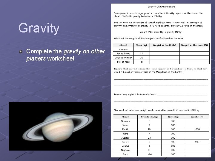 Gravity Complete the gravity on other planets worksheet 