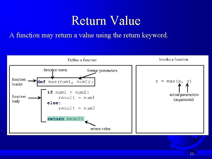 Return Value A function may return a value using the return keyword. 11 
