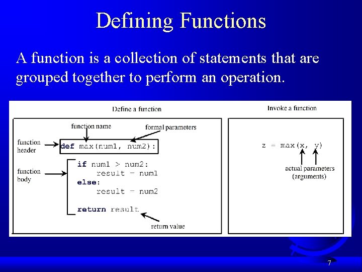 Defining Functions A function is a collection of statements that are grouped together to