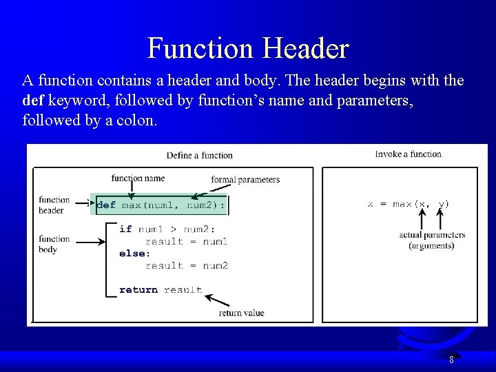 Function Header A function contains a header and body. The header begins with the