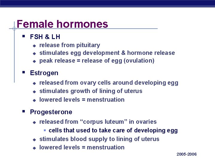 Female hormones § FSH & LH u u u release from pituitary stimulates egg