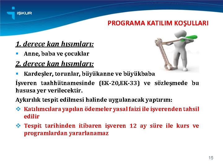 PROGRAMA KATILIM KOŞULLARI 1. derece kan hısımları: § Anne, baba ve çocuklar 2. derece