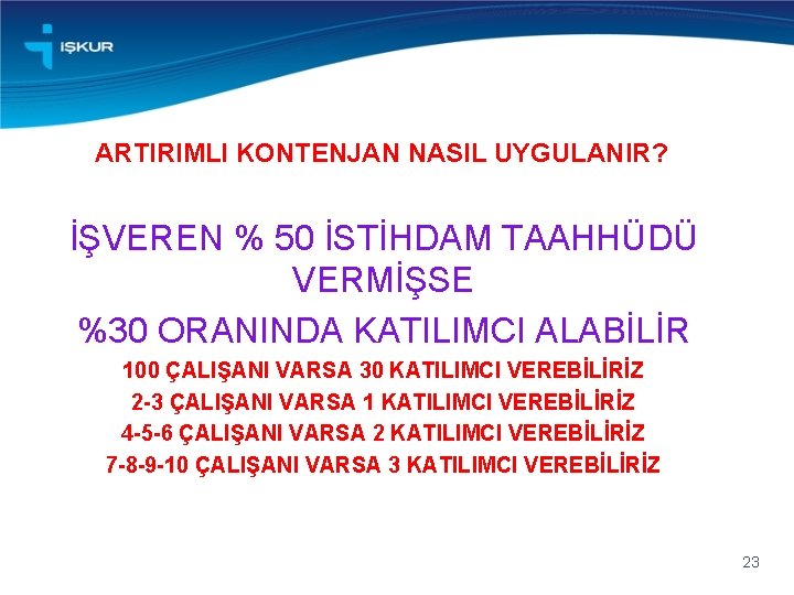 ARTIRIMLI KONTENJAN NASIL UYGULANIR? İŞVEREN % 50 İSTİHDAM TAAHHÜDÜ VERMİŞSE %30 ORANINDA KATILIMCI ALABİLİR