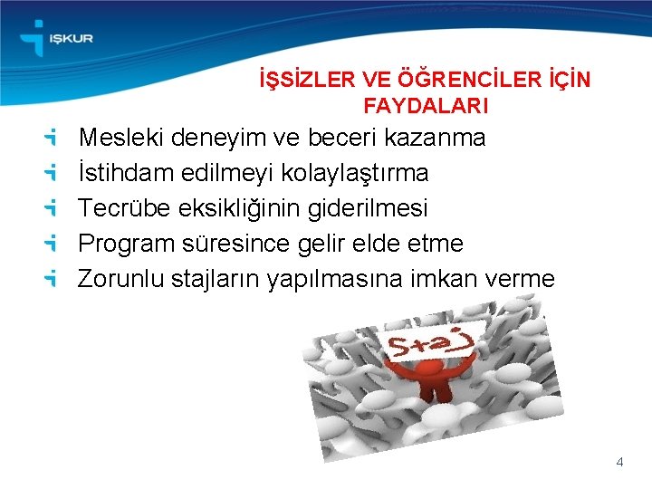 İŞSİZLER VE ÖĞRENCİLER İÇİN FAYDALARI Mesleki deneyim ve beceri kazanma İstihdam edilmeyi kolaylaştırma Tecrübe