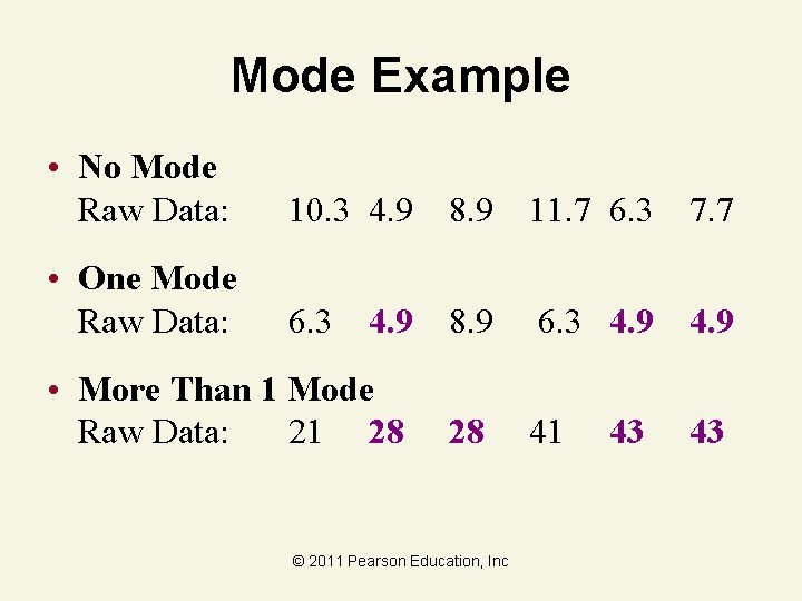 Mode Example • No Mode Raw Data: 10. 3 4. 9 8. 9 11.