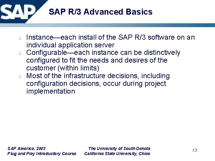 SAP R/3 Advanced Basics q q q Instance—each install of the SAP R/3 software