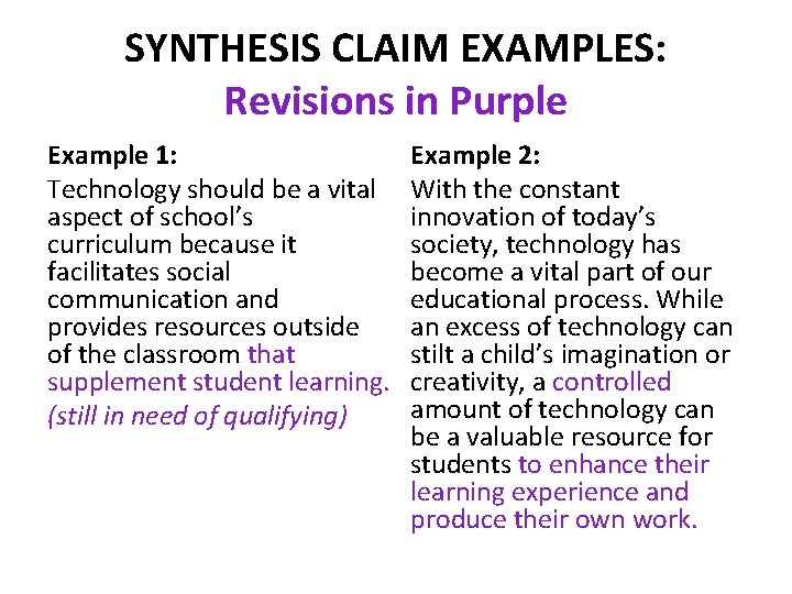 SYNTHESIS CLAIM EXAMPLES: Revisions in Purple Example 1: Technology should be a vital aspect