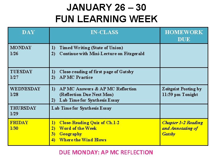 JANUARY 26 – 30 FUN LEARNING WEEK DAY IN-CLASS MONDAY 1/26 1) Timed Writing