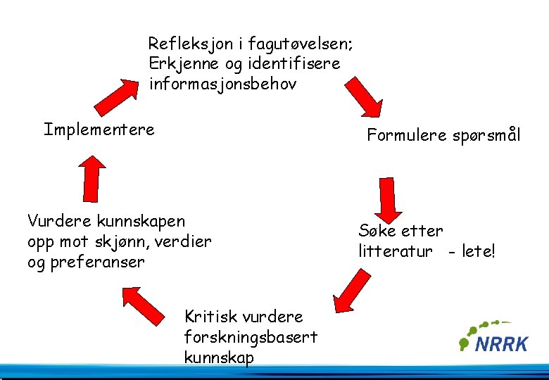 Refleksjon i fagutøvelsen; Erkjenne og identifisere informasjonsbehov Implementere Formulere spørsmål Vurdere kunnskapen opp mot