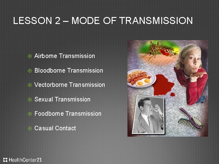 LESSON 2 – MODE OF TRANSMISSION Airborne Transmission Bloodborne Transmission Vectorborne Transmission Sexual Transmission