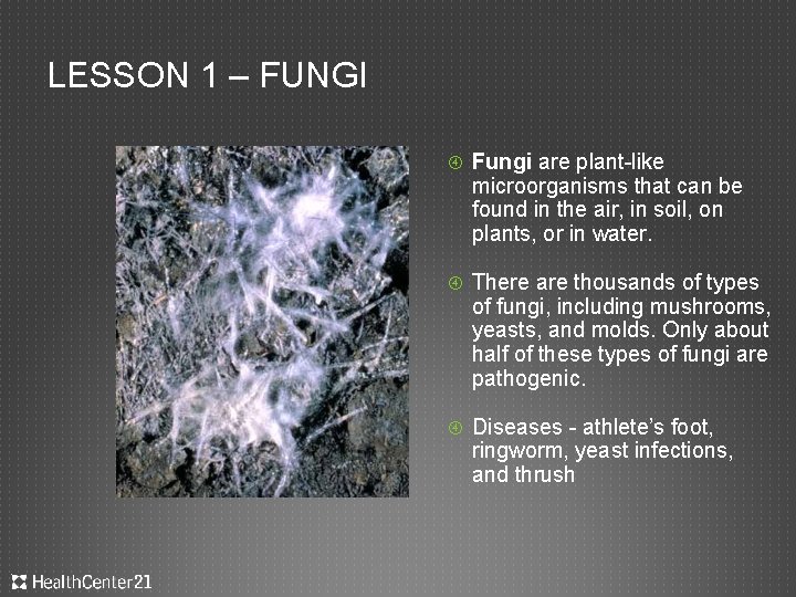 LESSON 1 – FUNGI Fungi are plant-like microorganisms that can be found in the