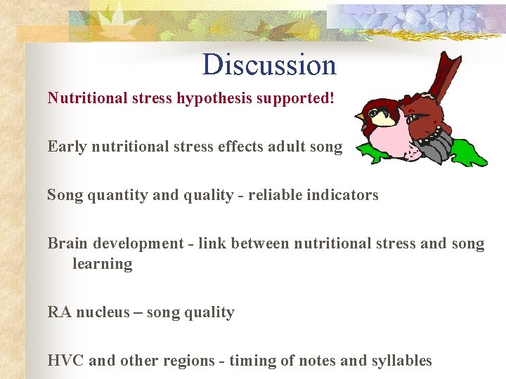 Discussion Nutritional stress hypothesis supported! Early nutritional stress effects adult song Song quantity and