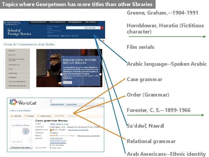 Topics where Georgetown has more titles than other libraries Greene, Graham, --1904 -1991 Hornblower,