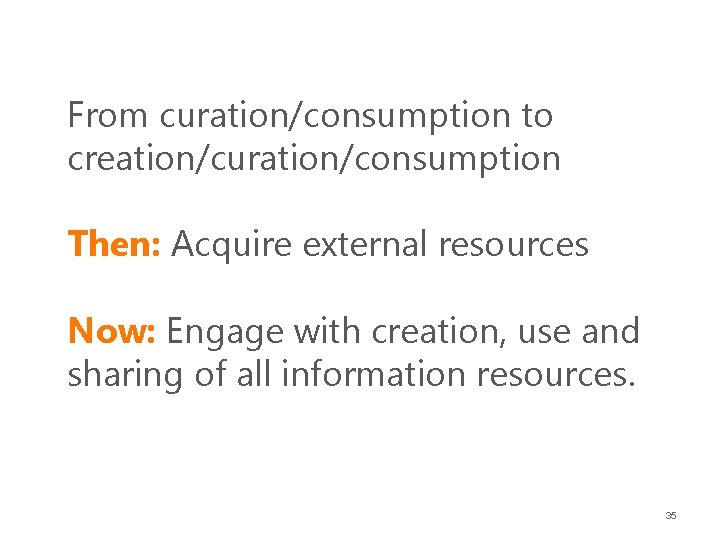 From curation/consumption to creation/curation/consumption Then: Acquire external resources Now: Engage with creation, use and