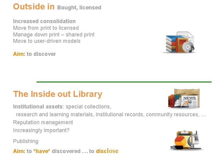 Outside in Bought, licensed Increased consolidation Move from print to licensed Manage down print