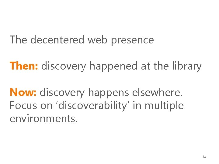 The decentered web presence Then: discovery happened at the library Now: discovery happens elsewhere.