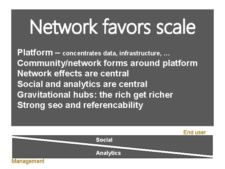 Network favors scale Platform – concentrates data, infrastructure, … Community/network forms around platform Network