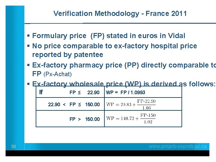 Verification Methodology - France 2011 § Formulary price (FP) stated in euros in Vidal