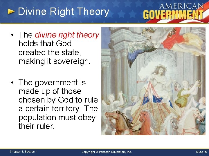 Divine Right Theory • The divine right theory holds that God created the state,
