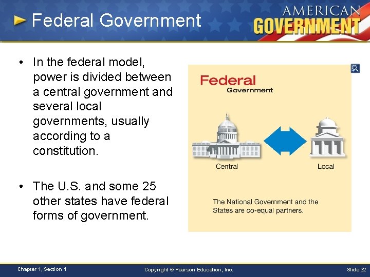 Federal Government • In the federal model, power is divided between a central government