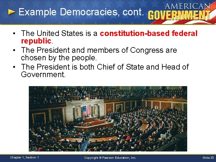 Example Democracies, cont. • The United States is a constitution-based federal republic. • The