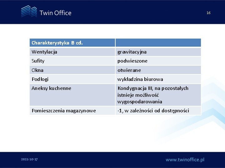 16 Charakterystyka B cd. Wentylacja grawitacyjna Sufity podwieszone Okna otwierane Podłogi wykładzina biurowa Aneksy