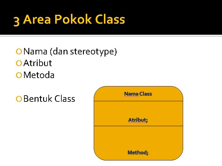 3 Area Pokok Class Nama (dan stereotype) Atribut Metoda Bentuk Class 