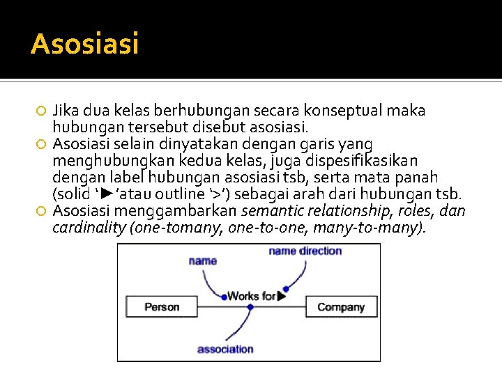 Asosiasi Jika dua kelas berhubungan secara konseptual maka hubungan tersebut disebut asosiasi. Asosiasi selain