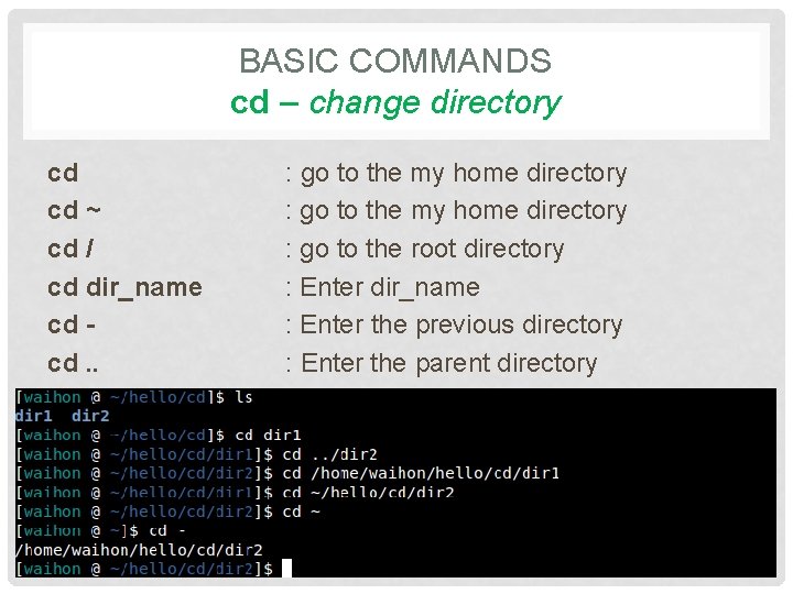 BASIC COMMANDS cd – change directory cd cd ~ cd / cd dir_name cd