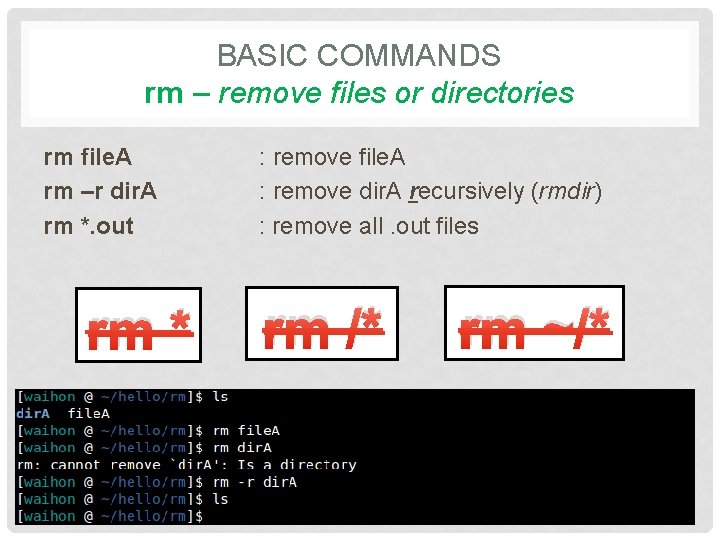 BASIC COMMANDS rm – remove files or directories rm file. A rm –r dir.