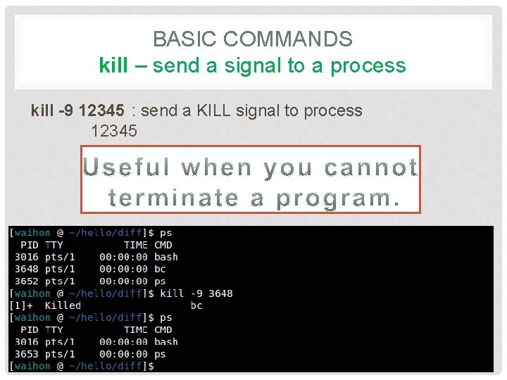 BASIC COMMANDS kill – send a signal to a process kill -9 12345 :