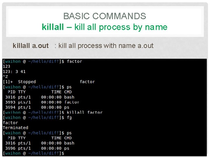 BASIC COMMANDS killall – kill all process by name killall a. out : kill