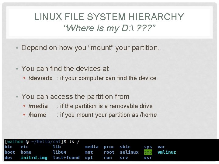 LINUX FILE SYSTEM HIERARCHY “Where is my D:  ? ? ? ” •