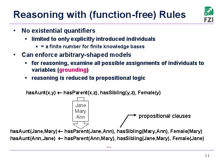 Reasoning with (function-free) Rules • No existential quantifiers § limited to only explicitly introduced