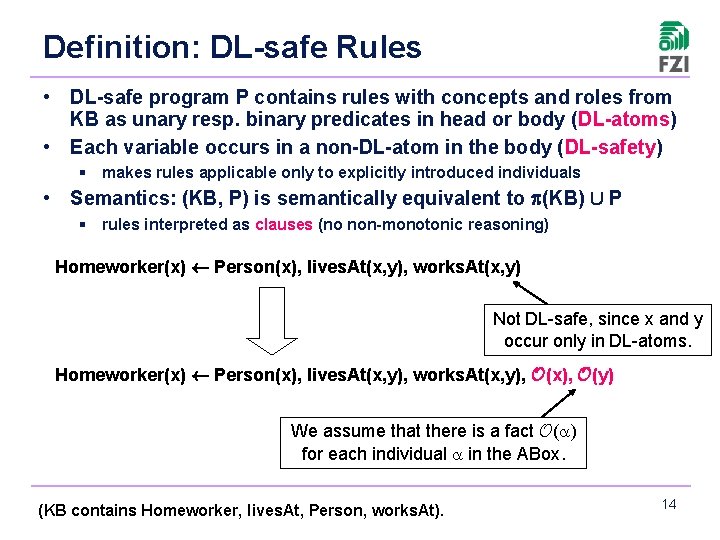 Definition: DL-safe Rules • DL-safe program P contains rules with concepts and roles from