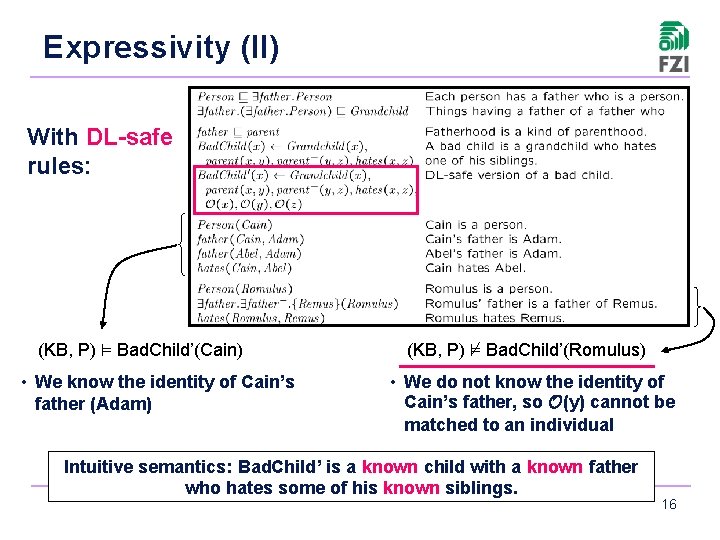 Expressivity (II) With DL-safe rules: (KB, P) ² Bad. Child’(Cain) • We know the