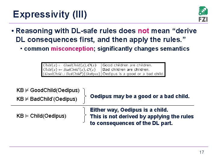 Expressivity (III) • Reasoning with DL-safe rules does not mean “derive DL consequences first,