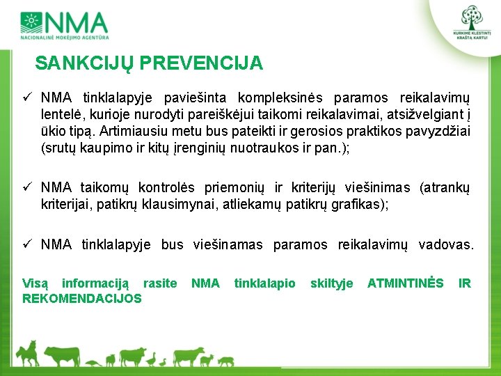 SANKCIJŲ PREVENCIJA ü NMA tinklalapyje paviešinta kompleksinės paramos reikalavimų lentelė, kurioje nurodyti pareiškėjui taikomi
