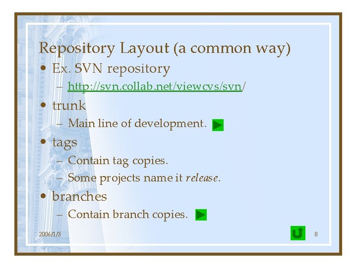 Repository Layout (a common way) • Ex. SVN repository – http: //svn. collab. net/viewcvs/svn/