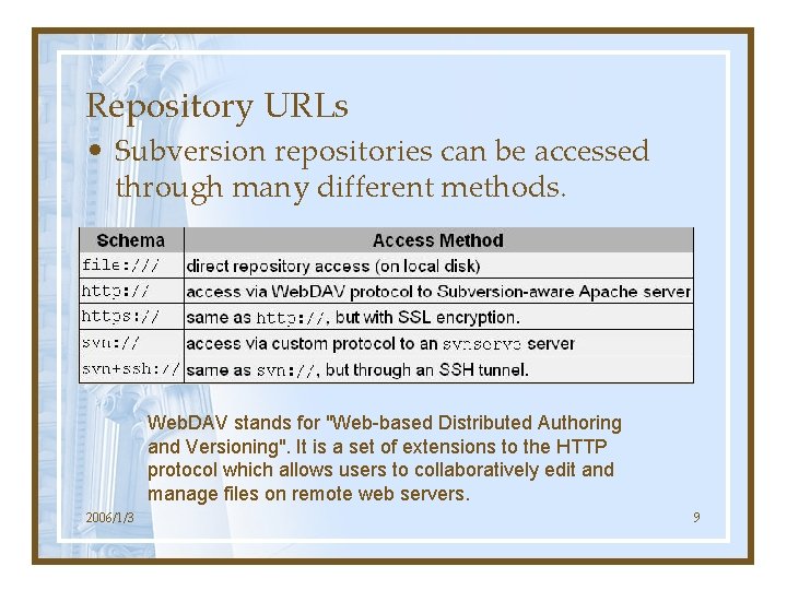 Repository URLs • Subversion repositories can be accessed through many different methods. Web. DAV
