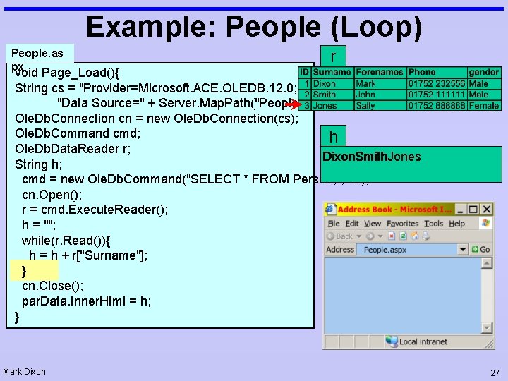 Example: People (Loop) People. as px r void Page_Load(){ String cs = "Provider=Microsoft. ACE.