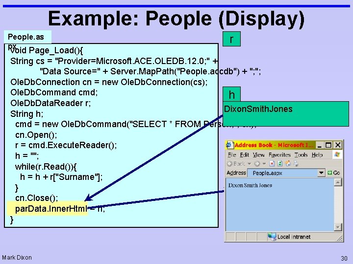 Example: People (Display) People. as px r void Page_Load(){ String cs = "Provider=Microsoft. ACE.