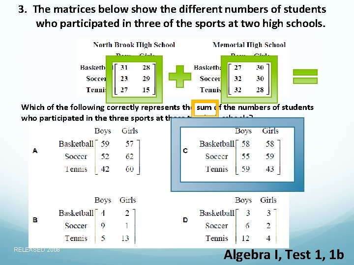 3. The matrices below show the different numbers of students who participated in three