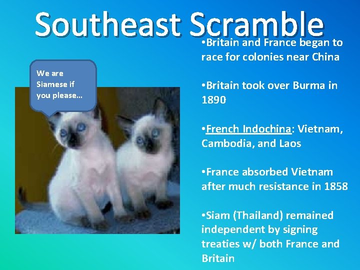 Southeast Scramble • Britain and France began to race for colonies near China We
