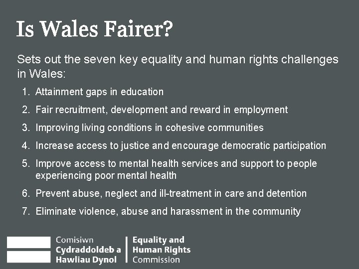 Is Wales Fairer? Sets out the seven key equality and human rights challenges in