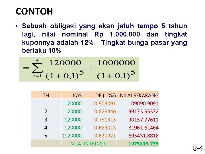 CONTOH • Sebuah obligasi yang akan jatuh tempo 5 tahun lagi, nilai nominal Rp
