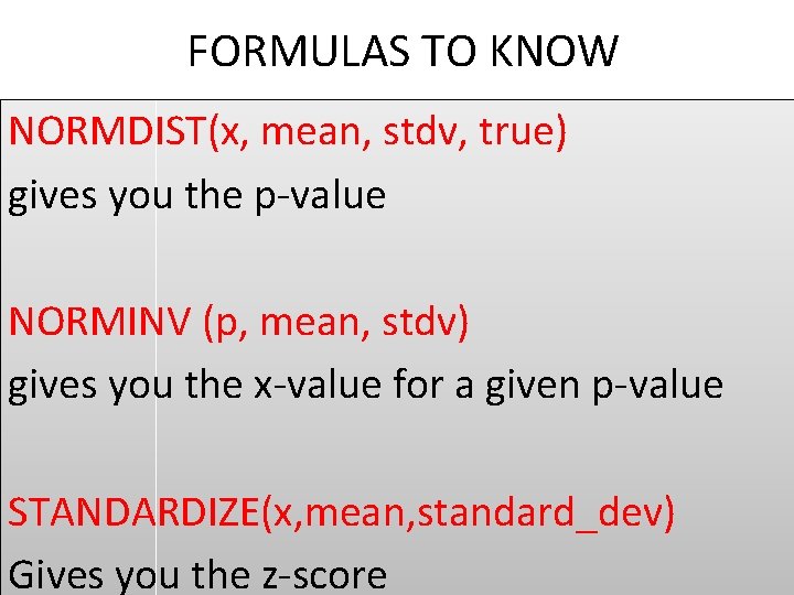 FORMULAS TO KNOW NORMDIST(x, mean, stdv, true) gives you the p-value NORMINV (p, mean,