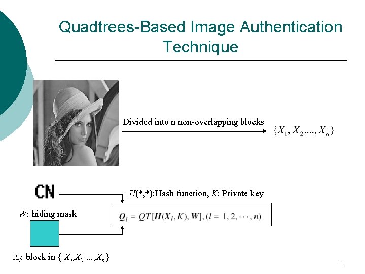 Quadtrees-Based Image Authentication Technique Divided into n non-overlapping blocks H(*, *): Hash function, K: