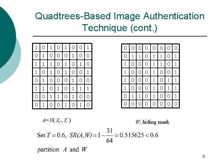 Quadtrees-Based Image Authentication Technique (cont. ) 1 0 1 0 0 0 1 0